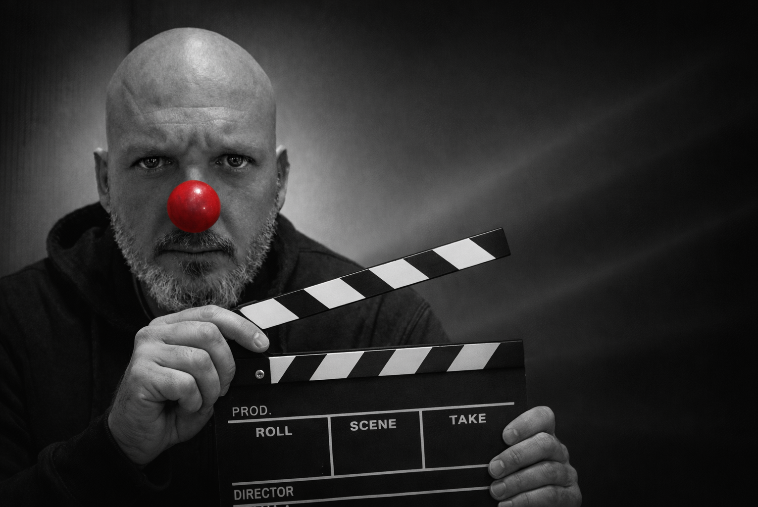 Rubén Muñoz con una claqueta, imagen de cabecera de La Tramoya Producciones